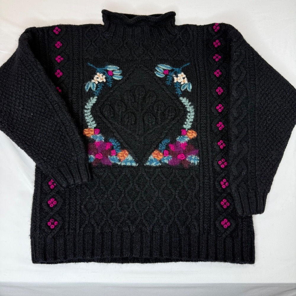 LL Bean Vintage Wool Sweater Black Floral Embroidered Cable Knit Mock Neck M